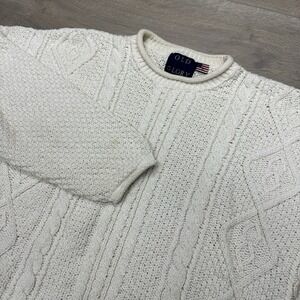 VTG Old Glory Roll Neck Fisherman Sweater Knit Sz L Made In USA STAINS Cotton